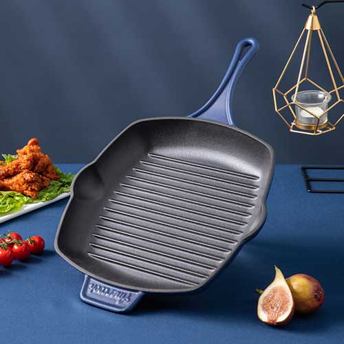 Blue cast iron steak square skillet